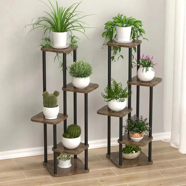 Tiered Wooden Plant Shelf - B 6 Layers Black