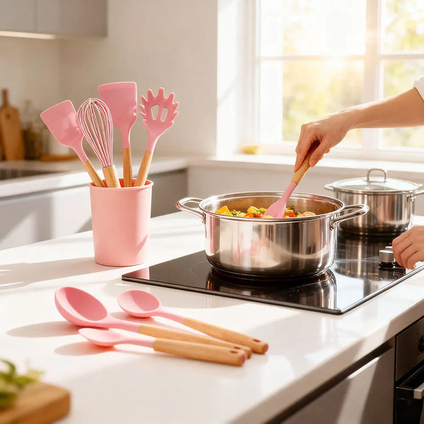 Juego de 12 utensilios de cocina, accesorios de cocina de silicona con mango de madera