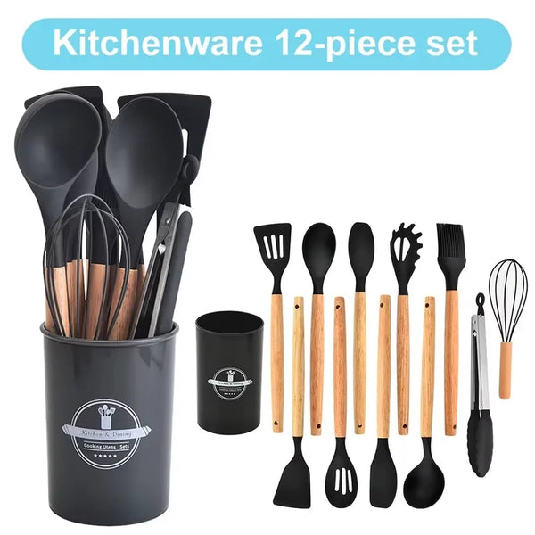 Juego de utensilios de cocina de 12 piezas, espátulas de silicona con mango de madera, kit de herramientas de cocina con soporte, resistentes al calor, para cocina