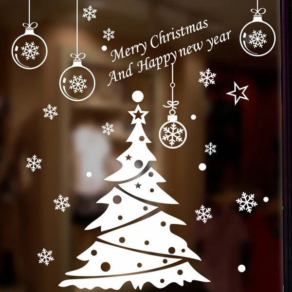 Pegatinas de pared de copos de nieve para ventanas de cristal con decoración de árbol de Navidad, calcomanías para salón, decoración festiva para el hogar, papel pintado de Feliz Año Nuevo