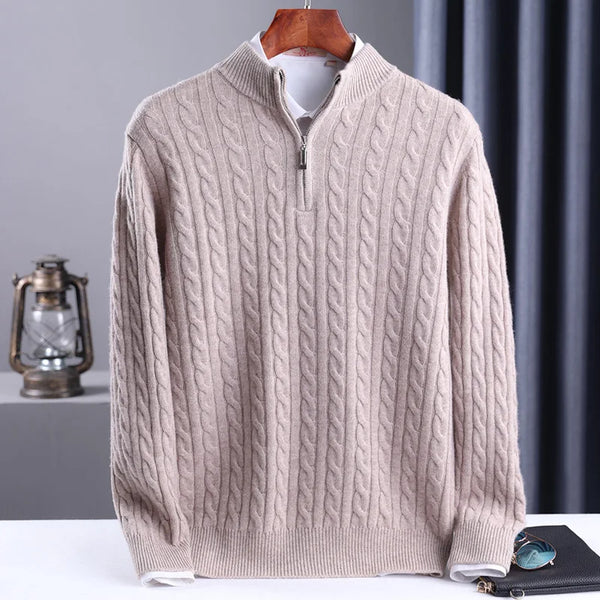 Autumn Winter 100% Wool Men's Slim Pullover Zipper Half High Neck Cashmere Knit Sweater Thick Business Casual Large-Size Top