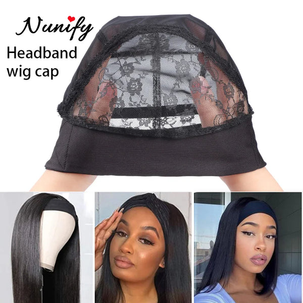 Headband Wig Cap With Wig Holder Band Black Wig Caps For Making Wigs Spandex Dome Cap With Head Grip Cap With Adjustable Band