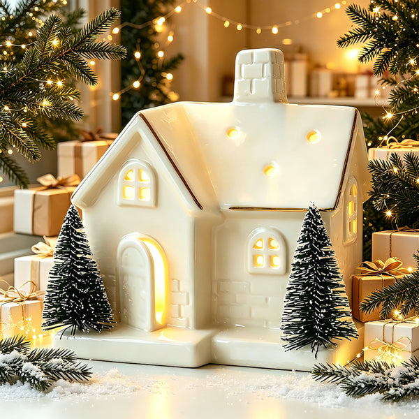 Adornos creativos de cerámica para casa de árbol de Navidad, casa de nieve luminosa, escena de casa de nieve, pequeños adornos de mesa