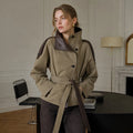 Women Cropped Trench Coat Faux Leather Spliced Epaulets Belted Waist Loose Fit Khaki Short Jacket Vintage 2026 Ladies Outerwear