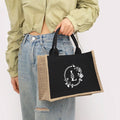 Bolso de mano de lona de lino con parches negros y estampado de letras de hoja plateada, con bolsa interior impermeable de gran capacidad para el día a día.