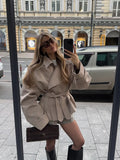 Women Casual Solid Lace Up Short Trench Coat Chic Long Sleeve Wide Shoulder Loose Windbreaker 2026 Spring Lady Street Outerwear