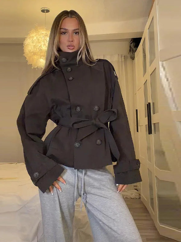 Gabardina de primavera 2026 para mujer, lisa, con cordones, cuello alto, doble botonadura, chaqueta elegante, nueva prenda exterior de manga larga para dama, estilo urbano