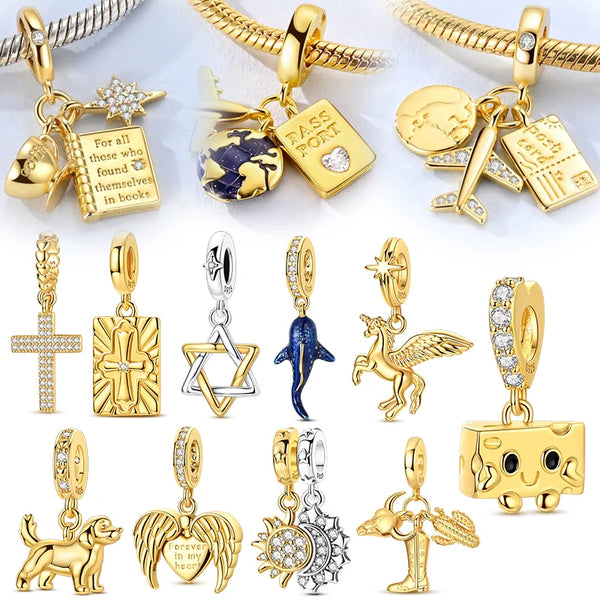 Original 925 Sterling Silver Charms Bead Pentagram Cross Whale Shark Passport Pendants Fit Women Girls Bracelet DIY Jewelry Gift