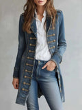 Vintage Women Double Breasted Denim Trench Coat Lapel Collar Long Sleeve Mid Length Slim Fit Elegant Retro Jean Outerwear Jacket