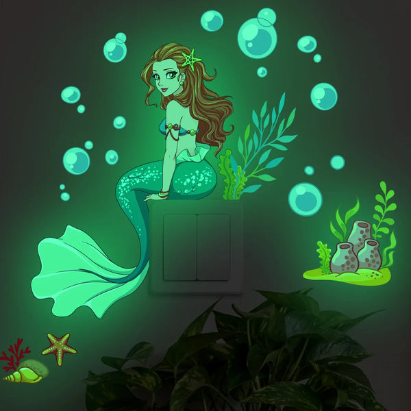 Luminous Fairy Mermaid Wall Stickers Kids Bedroom Home Decor Glow In The Dark Fairy Butterfly Decal Stickers Switch Wallpaper