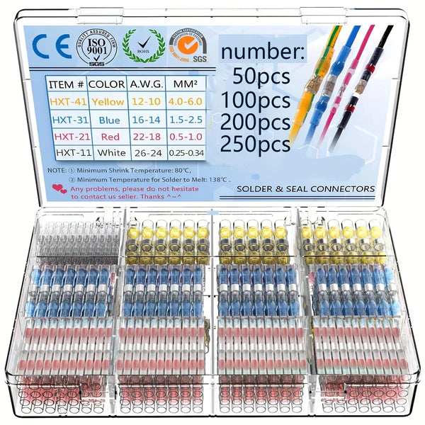 Waterproof Heat Shrinkable Solder Ring Terminal Kit - Available in 50/100/200/250pcs Combination Boxes for Easy Connections
