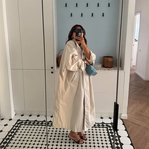 Women Casual Long Trench Coat with Lapel Collar Single-Breasted Batwing Sleeves Windbreaker New Streetwear Oversized Outerwear