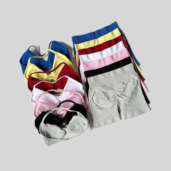 Conjunto de gimnasio para mujer WAREBALL de 2 piezas, incluye top tipo halter y shorts deportivos de cintura alta sin costuras, conjunto de ropa deportiva para entrenamiento.