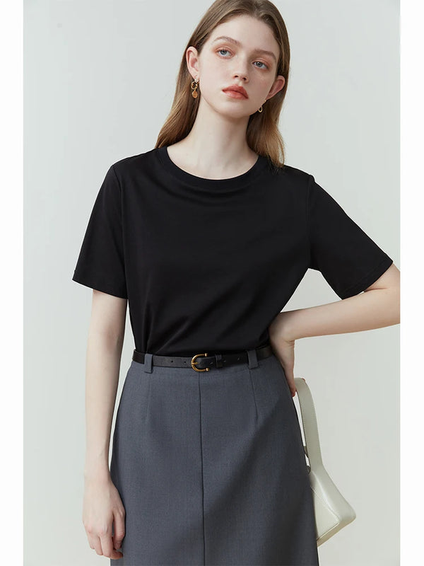 Camiseta de manga corta 100% algodón para mujer FSLE, nueva prenda superior de primavera-verano con cuello redondo y corte recto en blanco y negro para mujer