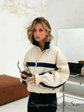 Beige Black Colorblock Zip Collar Crop Women Jacket Sporty Lapel Loose Outerwear Spring Autumn Daily Street Dating Outfit Coat