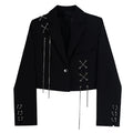 Women Punk Gothic Cropped Blazer with Metal Chain Harajuku Design Streetwear Chic Patchwork Suit Office Lady Commute Short Coat