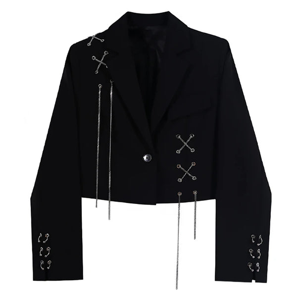 Blazer corto gótico punk para mujer con diseño Harajuku de cadena metálica, chaqueta corta elegante de estilo patchwork para oficina y uso diario