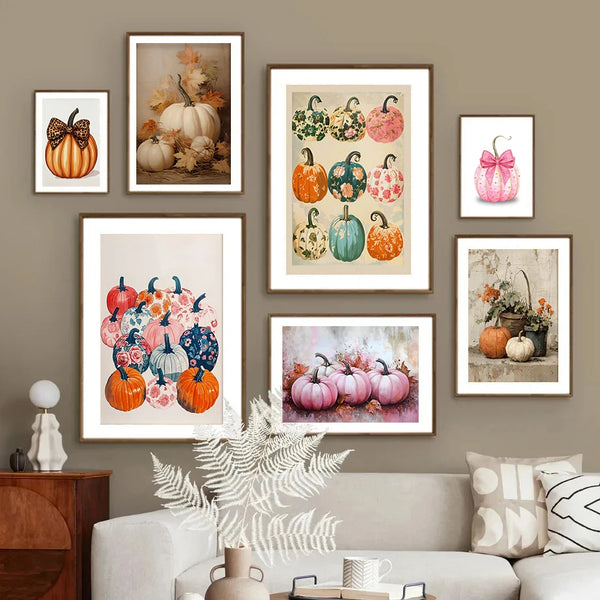Pumpkins Poster Print Vintage Autumn Vibes Cute Floral Pumpkins Pink Halloween Art Girly Apartment Decor Fall Home Decor Gift