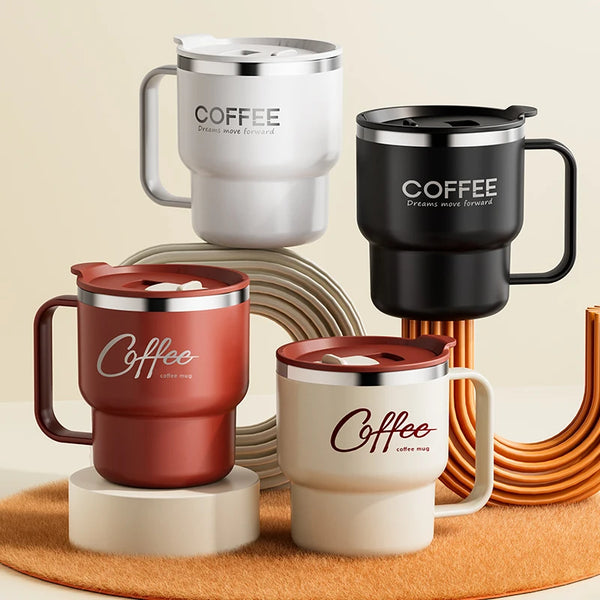 Taza de café de acero inoxidable 304 WORTHBUY, con doble pared aislante y asa, vaso portátil para estudiantes, a prueba de fugas, para agua, leche o café