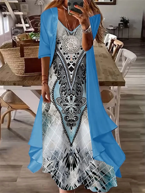 Conjuntos de vestido casual para mujer talla grande, conjunto de ropa con frente abierto de color sólido y estampado gráfico, conjuntos cómodos de moda en talla grande