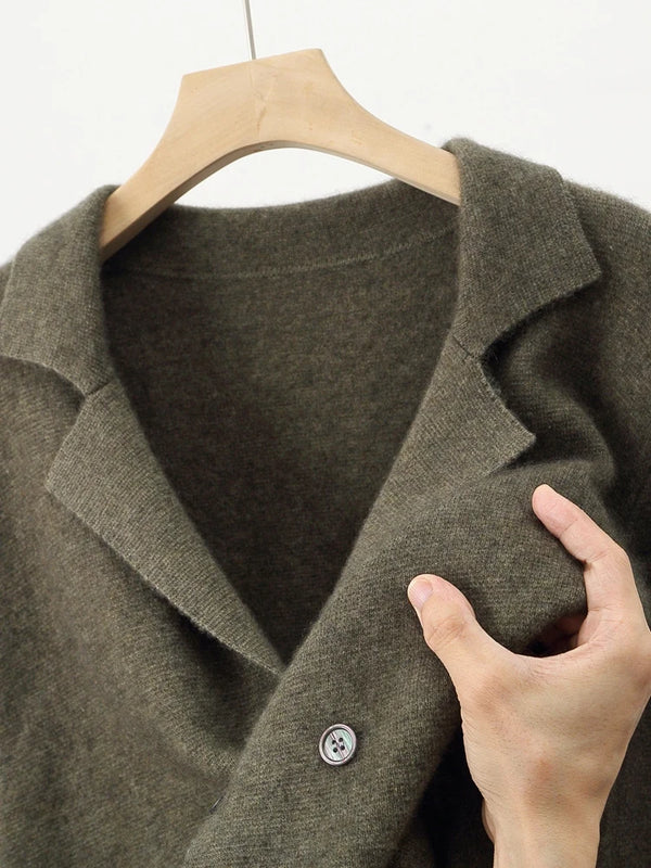 100% Merino Wool Sweater Men's Suit Collar Cardigan Smart Casual Knitwear Autumn Winter Cashmere Solid Coat Pockets Clothing Top
