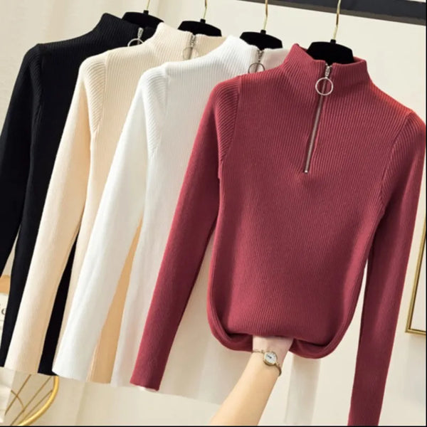 Suéter de punto para mujer con cremallera, cuello medio alto, jerséis de otoño e invierno, suéteres básicos de mujer, prendas de punto ajustadas, tops de mujer