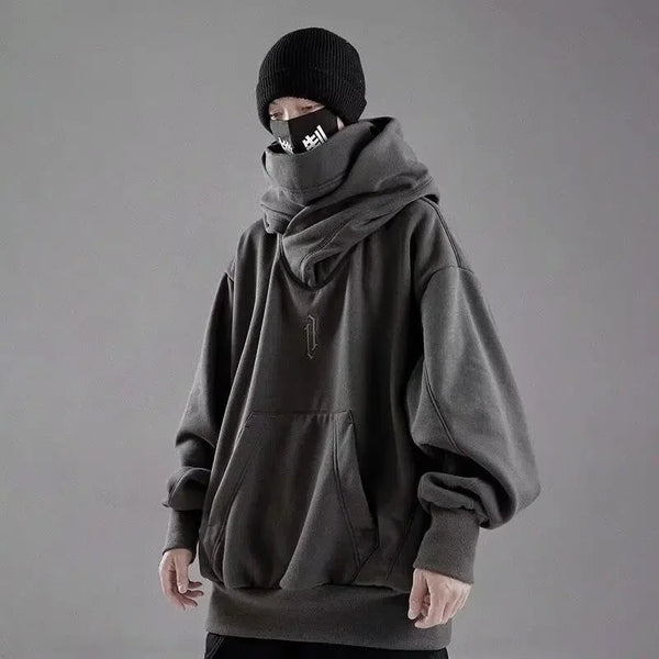 Sudadera de cuello alto con bordado para hombre, sudadera con capucha estilo ninja japonés, prenda urbana de forro polar con bolsillo, estilo hip hop, oversize, estilo Y2K, para otoño