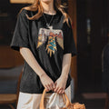 Maden Women's Summer Retro Style Thunderbird Print T-Shirt Heavyweight Embroidered Short Sleeve Tee Navajo Crew Neck Street Tops