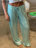 Street Sequin Lace Up Pants Women Elastic Low Waist Wide Leg Trousers Female 2026 Spring Summer Lady Shiny Party Club Clothes