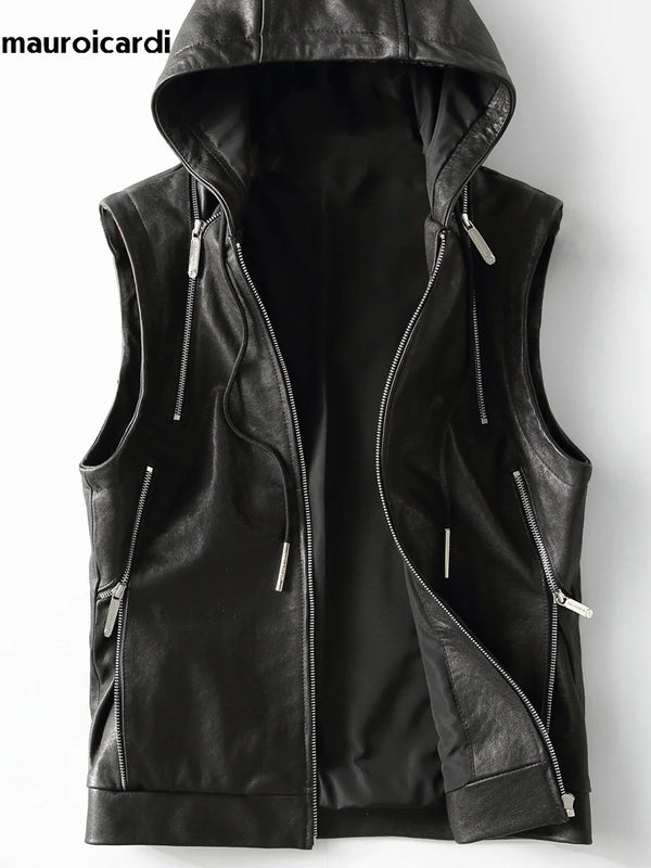 Chaleco de piel sintética negra Mauroicardi para hombre, estilo elegante, lujoso y moderno, con capucha y cremallera, ideal para primavera y otoño, ropa de hombre 2023