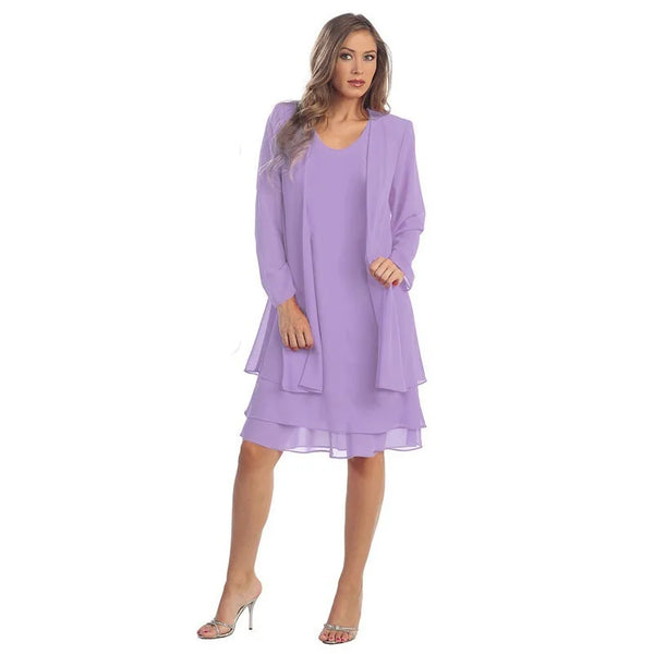 Conjunto de 2 piezas de vestido de chifón, cárdigan de manga larga de color sólido, vestido elegante para mujer, ropa para bodas y fiestas, vestidos