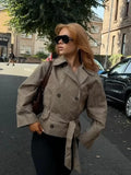 Women Casual Plaid Short Trench Coat Lapel Double Breasted Belted Waist Loose Long Sleeve Checkered Jacket Autumn Windbreaker