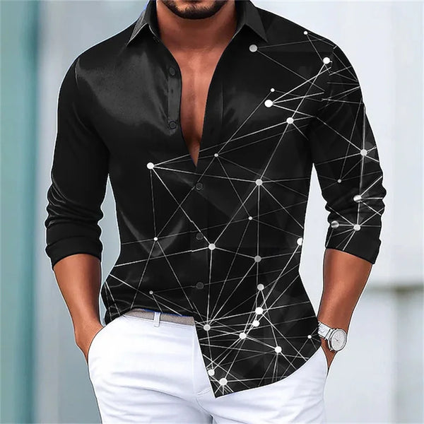 Camisa de manga larga para hombre con estampado de líneas geométricas. Camisa de moda entallada con estilo tecnológico en color negro. Camisa popular para hombre.