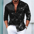 Men's trendy geometric line print long-sleeved shirt. Fashionable slim black technology-style shirt. Popular men's shirt.