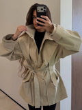 Women Short Trench Coat Belted Stand Collar Double Breasted Utility Jacket Oversized Pocket Chic Casual Office Commute Outerwear