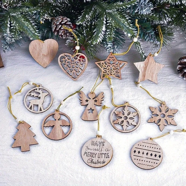 Colección de elegantes adornos navideños de madera con diseños de copos de nieve y corazones para la decoración del árbol del hogar y artículos para fiestas festivas,