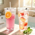 400/600ML Striped Glass Coffee Cup Transparent Drinking Cup with Lid and Straw Large Capacity Juice Iced Coffee Cup Drinking Cup