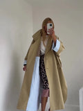 Women Khaki Long Color-block Stripe Trench Coat Wide Lapel Loose Drop Shoulder Blue Lining Slit Windbreaker Commute Outing Coats