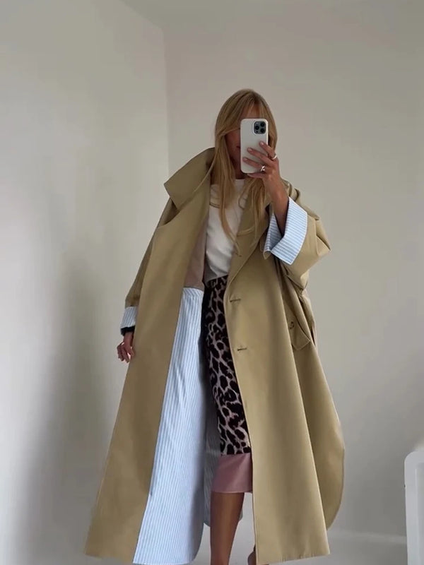 Women Khaki Long Color-block Stripe Trench Coat Wide Lapel Loose Drop Shoulder Blue Lining Slit Windbreaker Commute Outing Coats