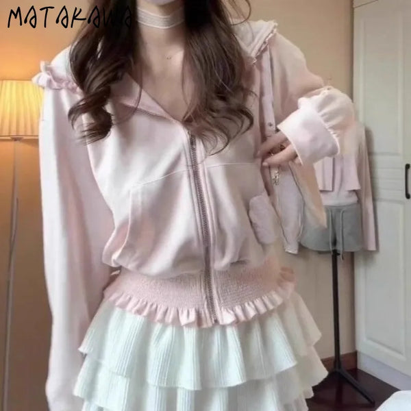 Sudaderas rosas con volantes para mujer, estilo coreano Y2k, moda de primavera y otoño, sudaderas con capucha Matakawa