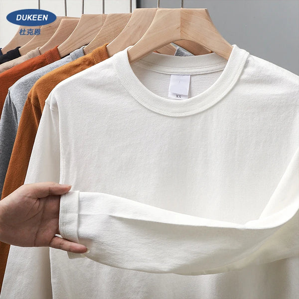 Camiseta de manga larga Dukeen de 11.2 oz, gramaje pesado para otoño, 100% algodón, cuello redondo, color blanco, estilo oversize para hombre