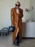 Brown Croc Embossed Faux Leather Long Trench Coat Lapel Single Breasted Straight Long Front Pockets Women Vintage Autumn Winter