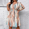Plus Size Dress, Striped Printed V-Neck Short-Sleeved Loose Fit, Elastic Waist, Casual Resort Style Dress