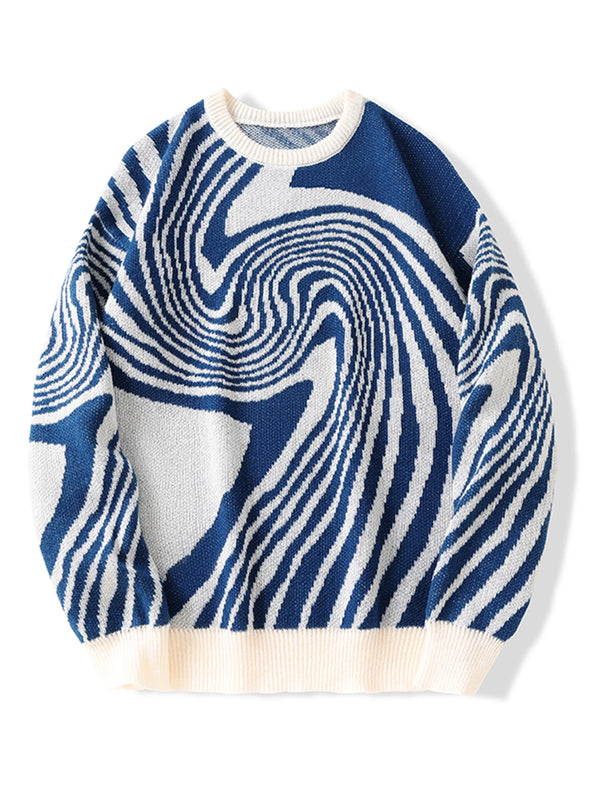 Nuevo suéter de punto para hombre con patrón de jacquard de laberinto, cuello redondo, contraste de color, estilo casual, popular para otoño e invierno