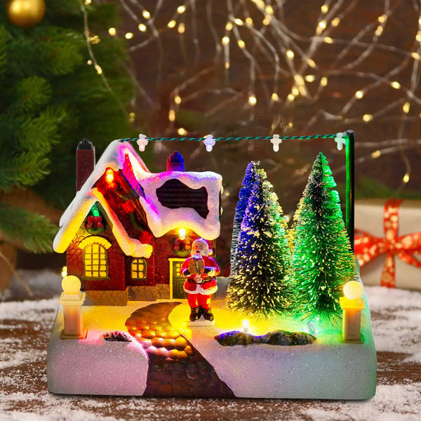 Edificio coleccionable de escena de pueblo navideño con luces, árboles, Santa Claus, decoración de paisaje de pueblo nevado, hogar festivo, escritorio, chimenea