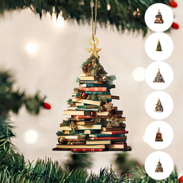 Adorno navideño creativo de árbol con libros, decoración navideña de acrílico plano 2D, adorno para coche, decoración festiva para el hogar