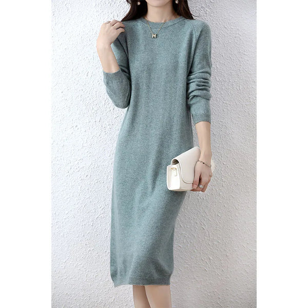Vestidos de punto de suéter de cachemira, 100% lana merino, vestido tipo pulóver elegante para mujer, de invierno, otoño, casual, de manga larga