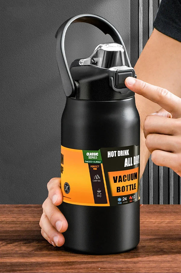 Termo portátil para exteriores de acero inoxidable 304, vaso térmico al vacío, botella de agua deportiva para bebidas frías y calientes con pajita