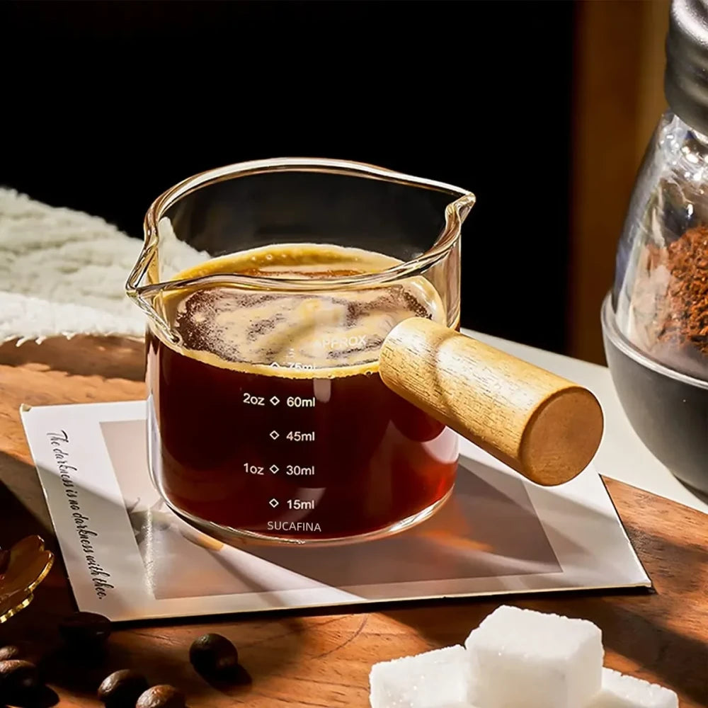 Glass Espresso Measuring Cup with Wood Handle