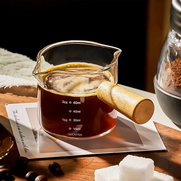 Glass Espresso Measuring Cup with Wood Handle